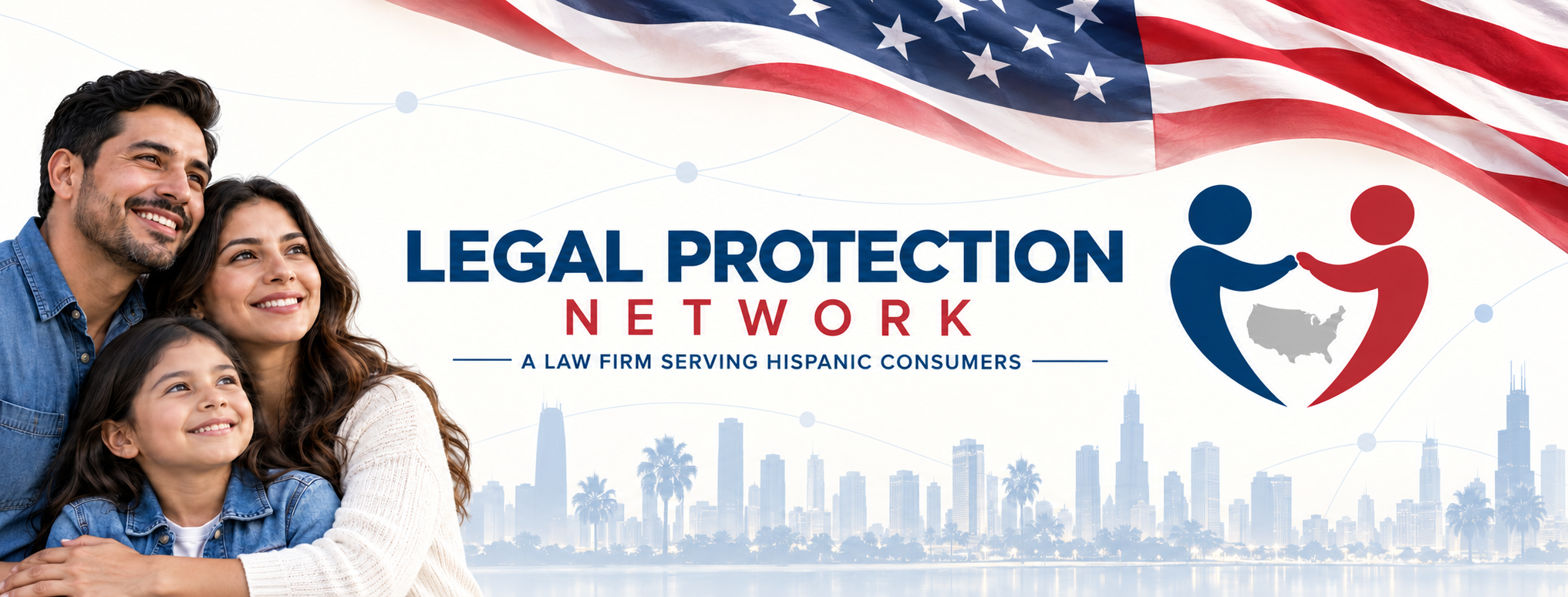 Portada de Legal Protection Network con una familia, un símbolo de conexión y la bandera de Estados Unidos