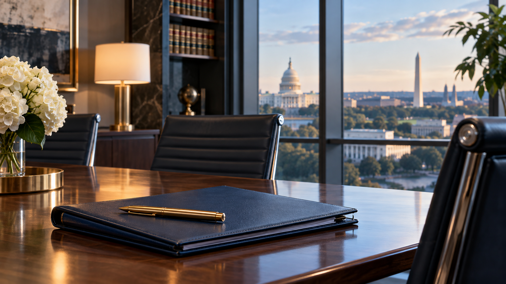 Imagen ilustrativa de una sala de reuniones con vista a Washington